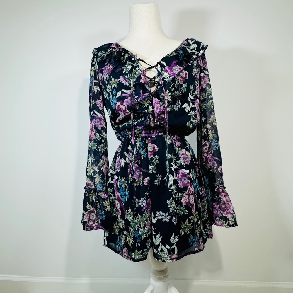 Xhilaration Floral Lace-Up Romper - Black and Purple - Picture 1 of 15
